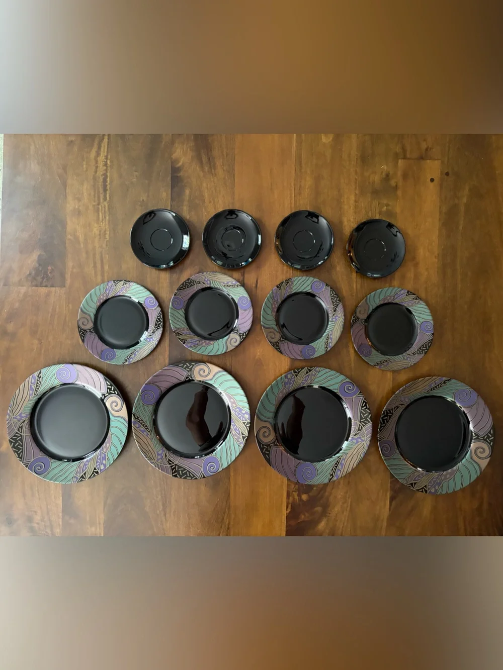 VTG Arcoroc “Tampico” 12 pc Black Plates & Saucer Set Abstract Purple Teal Rim
